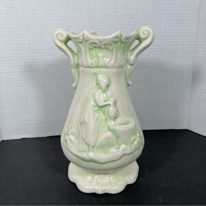 Vintage Art Nouveau Style Vase Green & Ivory Drip Glaze Lady Figural Ceramic Jug